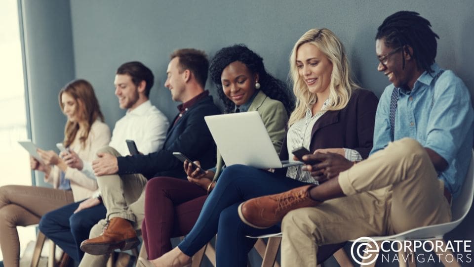 candidate pipeline row of job candidates sitting in chairs corporate navigators