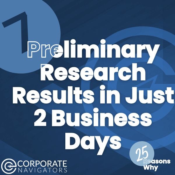 blue and white background preliminary research results in just 2 business days