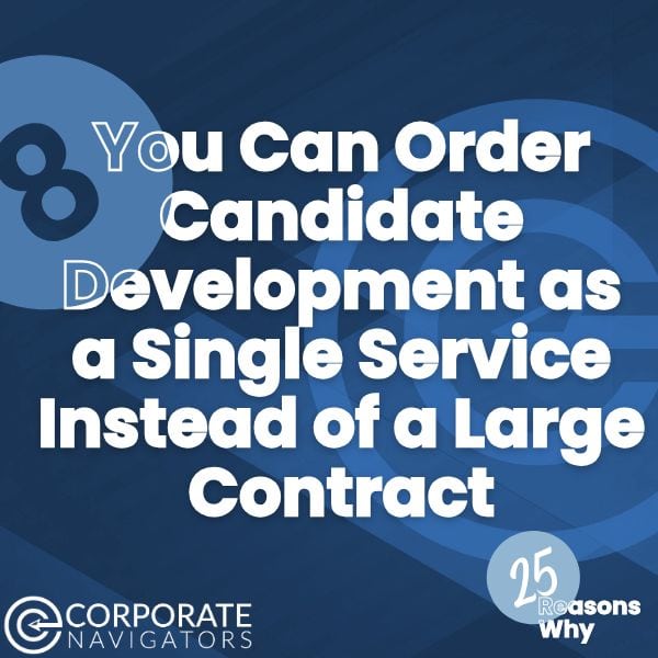 8 you can order candidate development as a single service instead of a large contract blue and white background