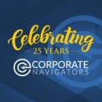 blue and white background yellow cursive text celebrating 25 years corporate navigators