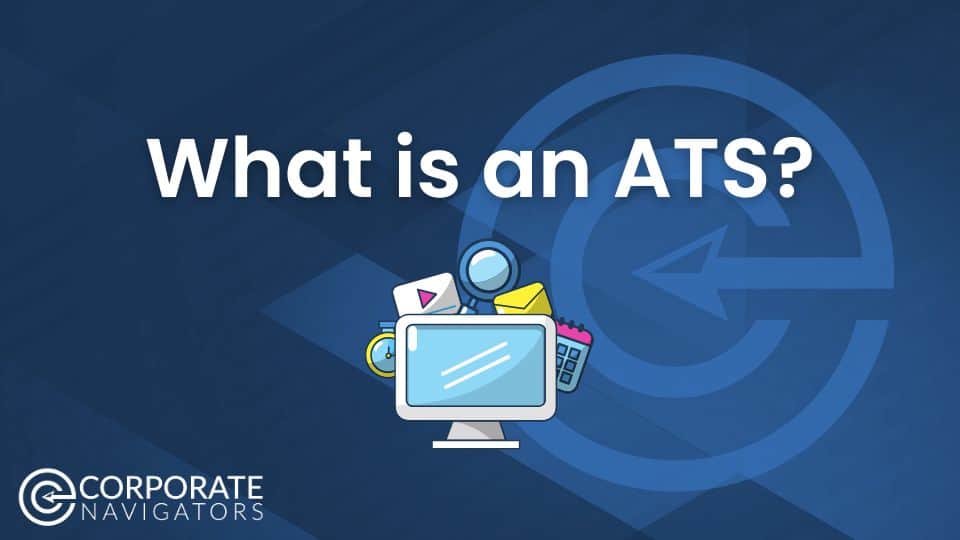 What is an ATS? Picture of a computer with some icons around it blue background with white arrow