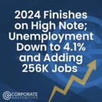 blue and white background with yellow arrow going upward. text 2024 finishes on high note, unemployment down to 4.1% and adding 256k jobs